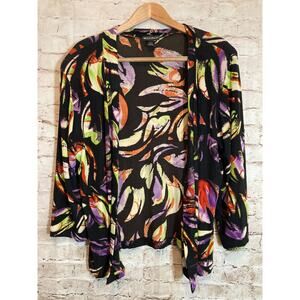 Made In Heaven Top Womens Large Acetate Black‎ Floral Open Front Ultra Stretch